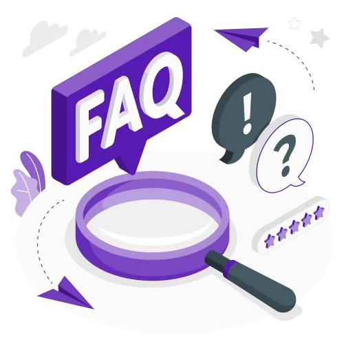 رسم توضيحي لعدسة مكبرة كبيرة مكتوب عليها FAQ في فقاعة كلامية أرجوانية أعلاها. توجد علامات تعجب واستفهام في فقاعات الكلام حولها، بالإضافة إلى تقييم بخمس نجوم. تزين الطائرات الورقية والأوراق الأرجوانية المشهد.